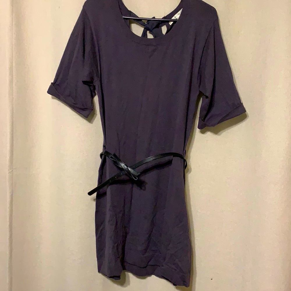 Dark Purple Short Sleeve Sweater Dress Tie Detail on Back
